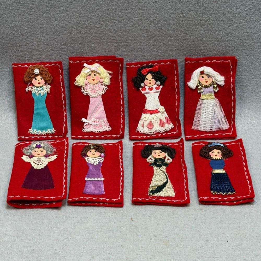 Vintage Bridge Tally Set 8 Red Felt Folders Doll Appliqué Two Table Scorecards